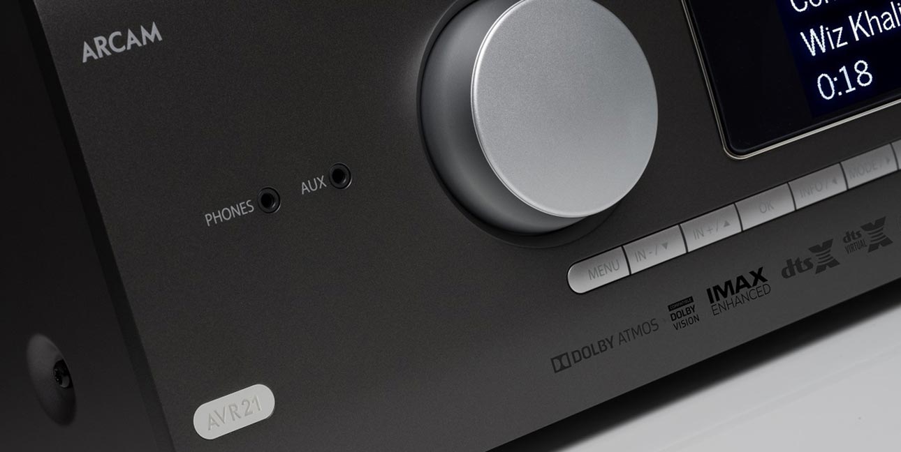 Arcam AVR21 16-channel AV receiver with black aluminium front panel, central display and large volume control