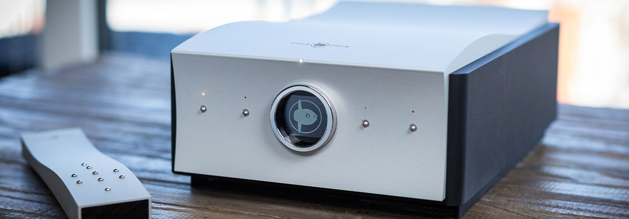 Mola Mola Tambaqui Digital to Analogue Converter with curved aluminium chassis, circular front display and integrated headphone outputs