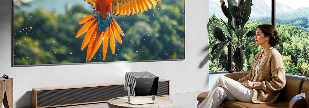 Valerion VisionMaster Max 4K RGB triple-laser home cinema projector in black finish