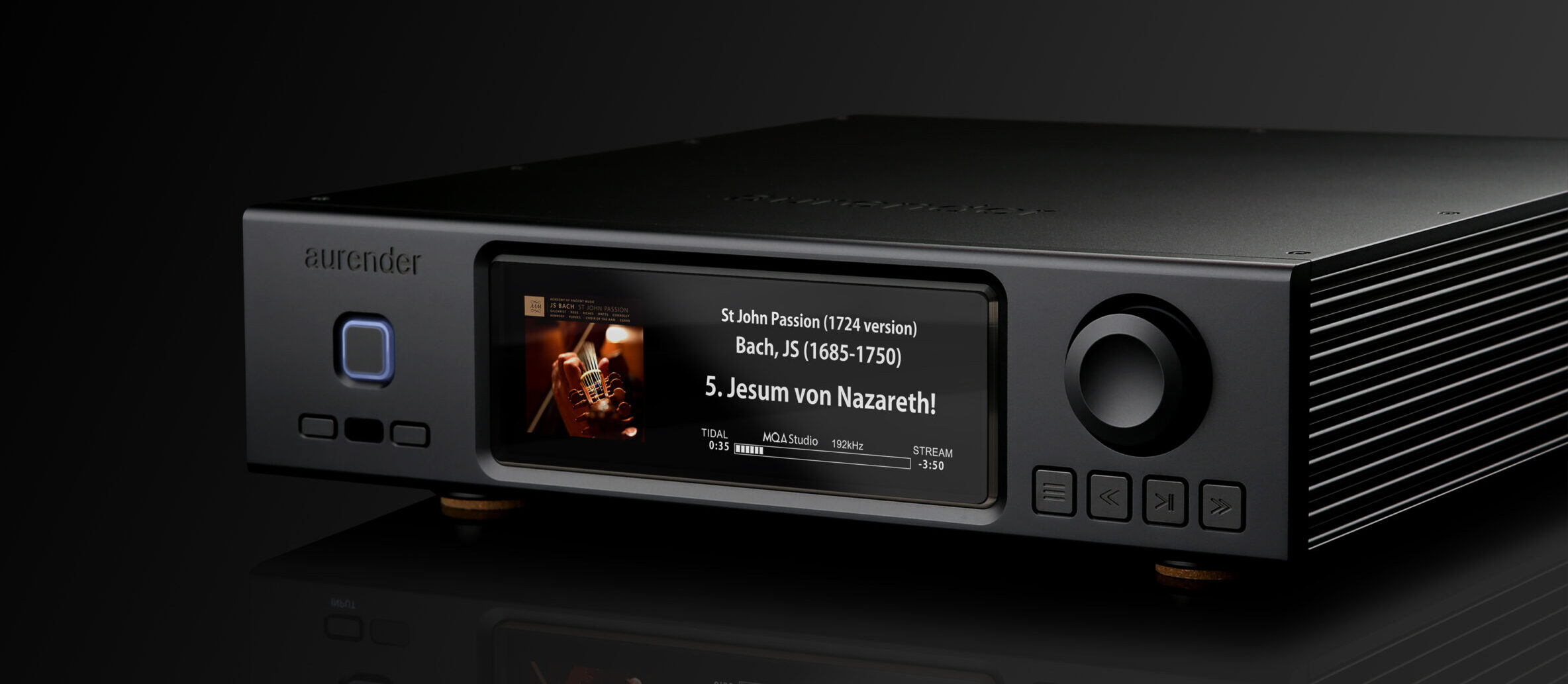 Aurender A1000 Essential Analog Music Server with 6.9-inch colour display, volume control and machined aluminium chassis
