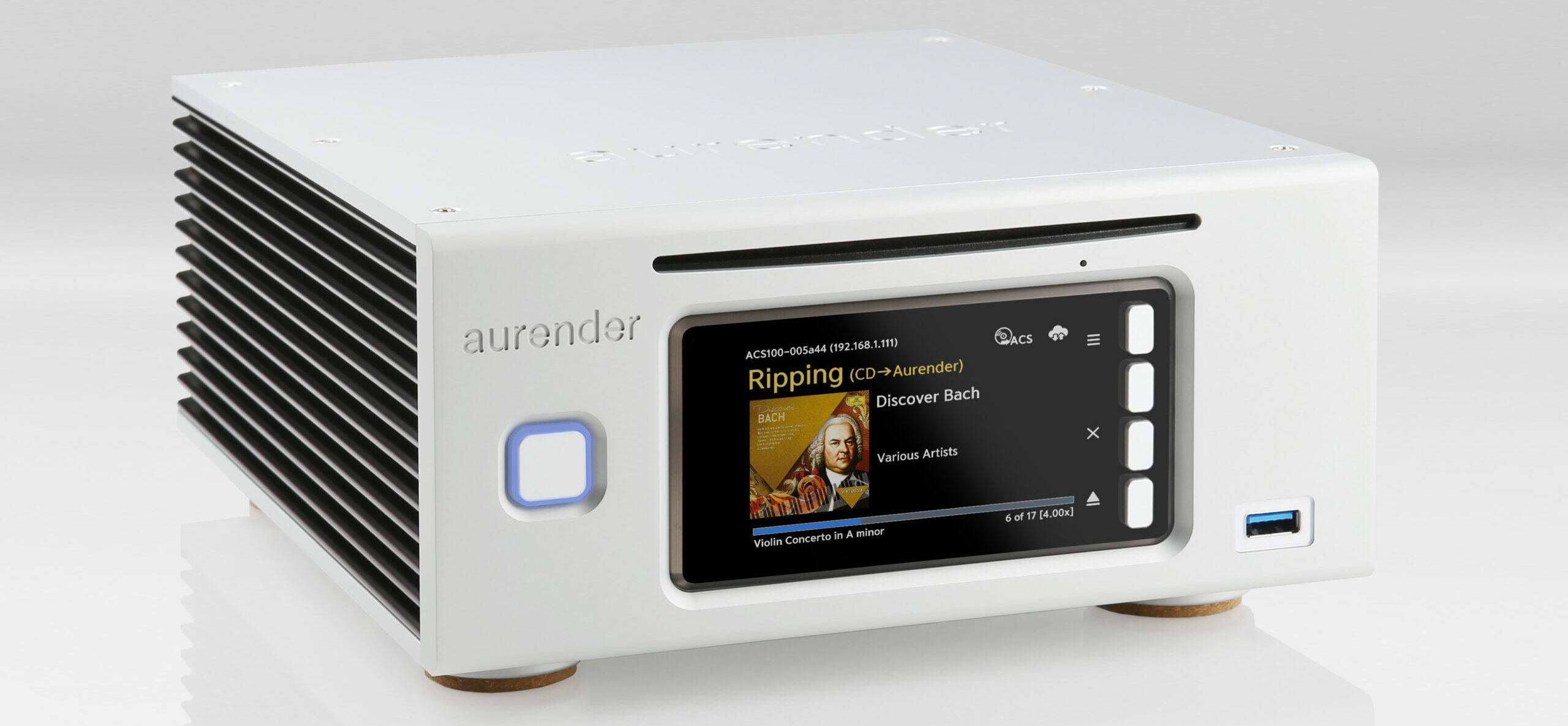 Aurender ACS100 Essential Content Server and CD Ripper with 4-inch colour display and slot-loading optical drive