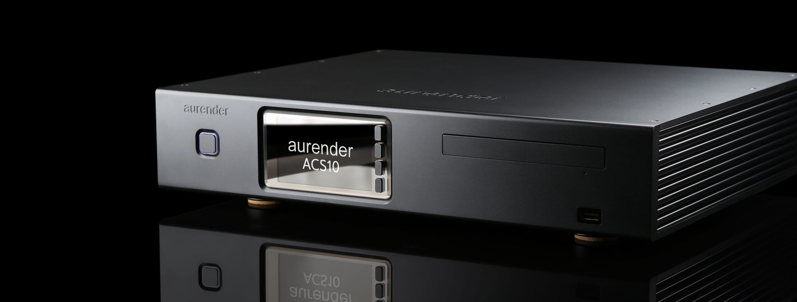 Aurender ACS10 Signature Content Server and CD Ripper with front display, optical drive and machined aluminium chassis