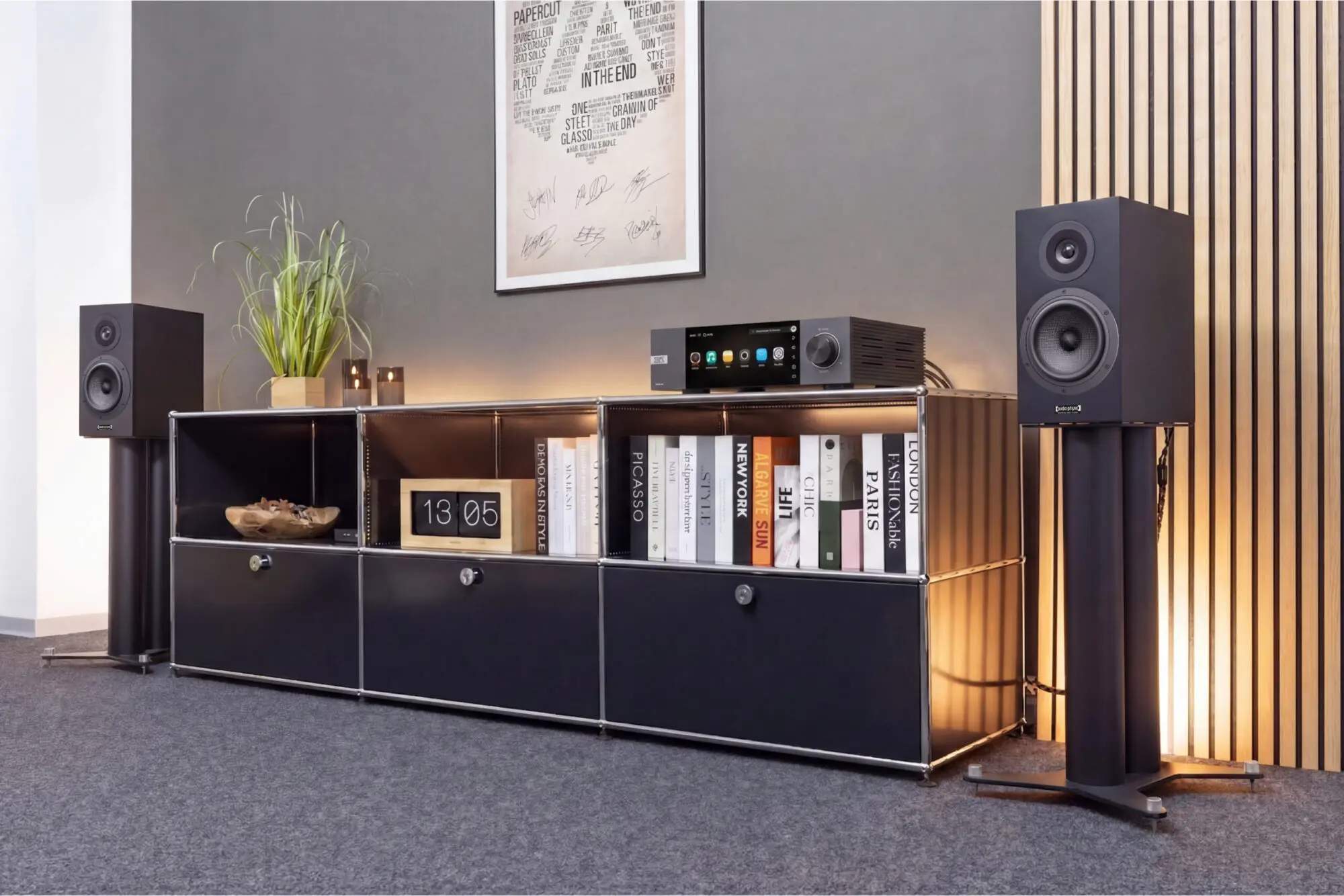Audio Physic Stream 1 bookshelf speakers in a modern living room interior