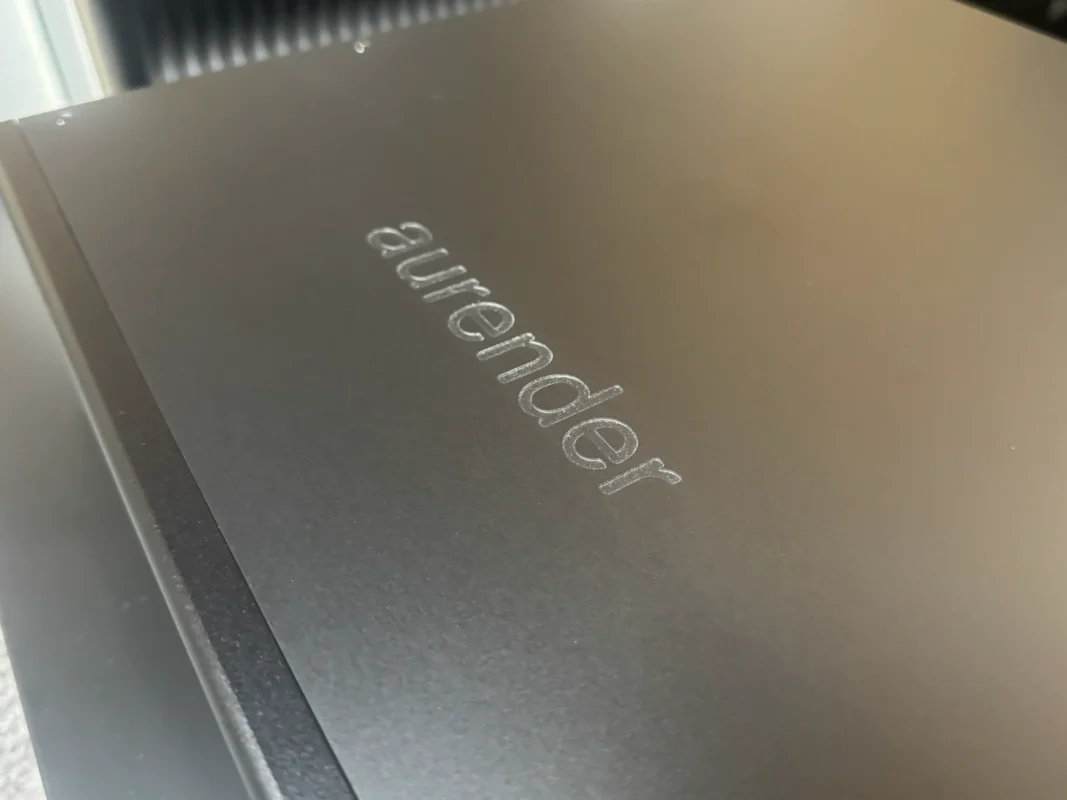 Close-up of the machined aluminium top panel and Aurender logo on the A1000