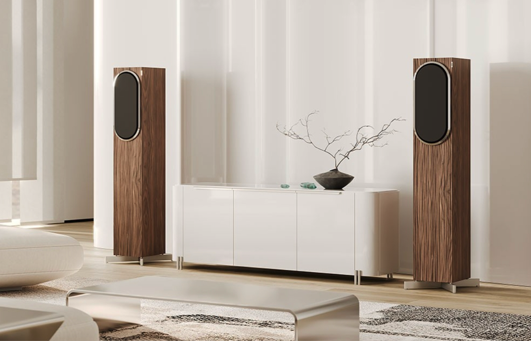 Pair of Loewe Grand Inicio high-end floorstanding speakers in Fractal Walnut and Titanium with AMT tweeters and aluminium bases