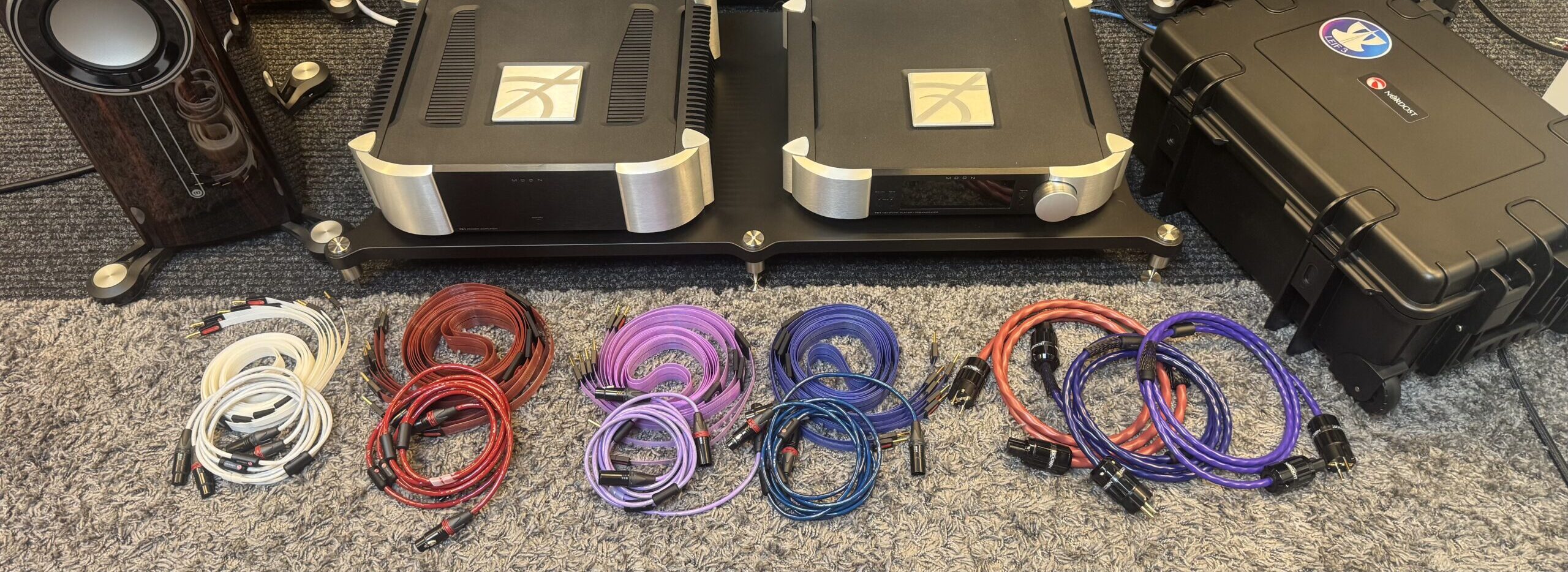 Nordost Leif 3 demo cables in Hi-Fi Market showroom with Moon electronics and Monitor Audio Platinum speakers