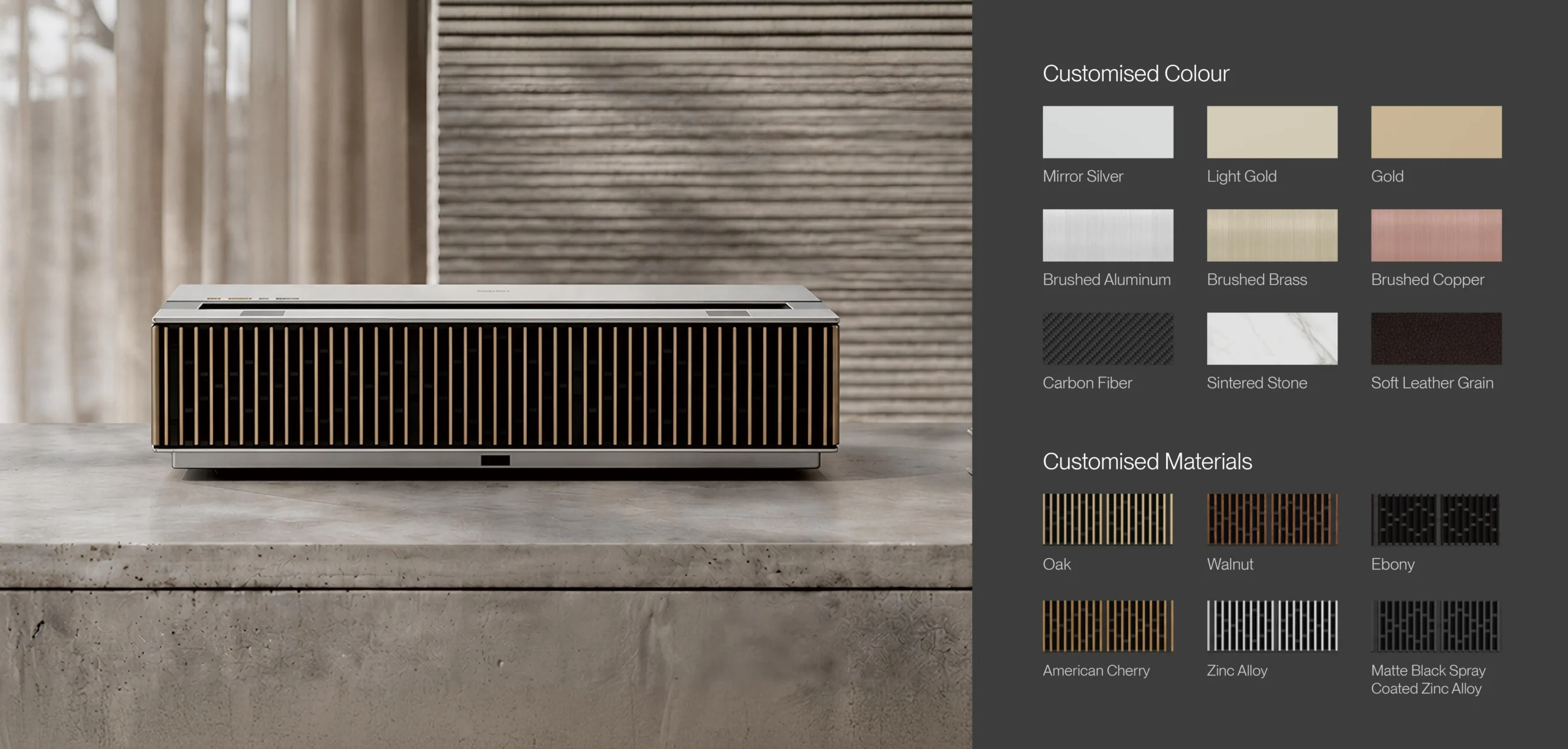AWOL LuxVision 4K ultra-short-throw projector with custom colour and front grille material options
