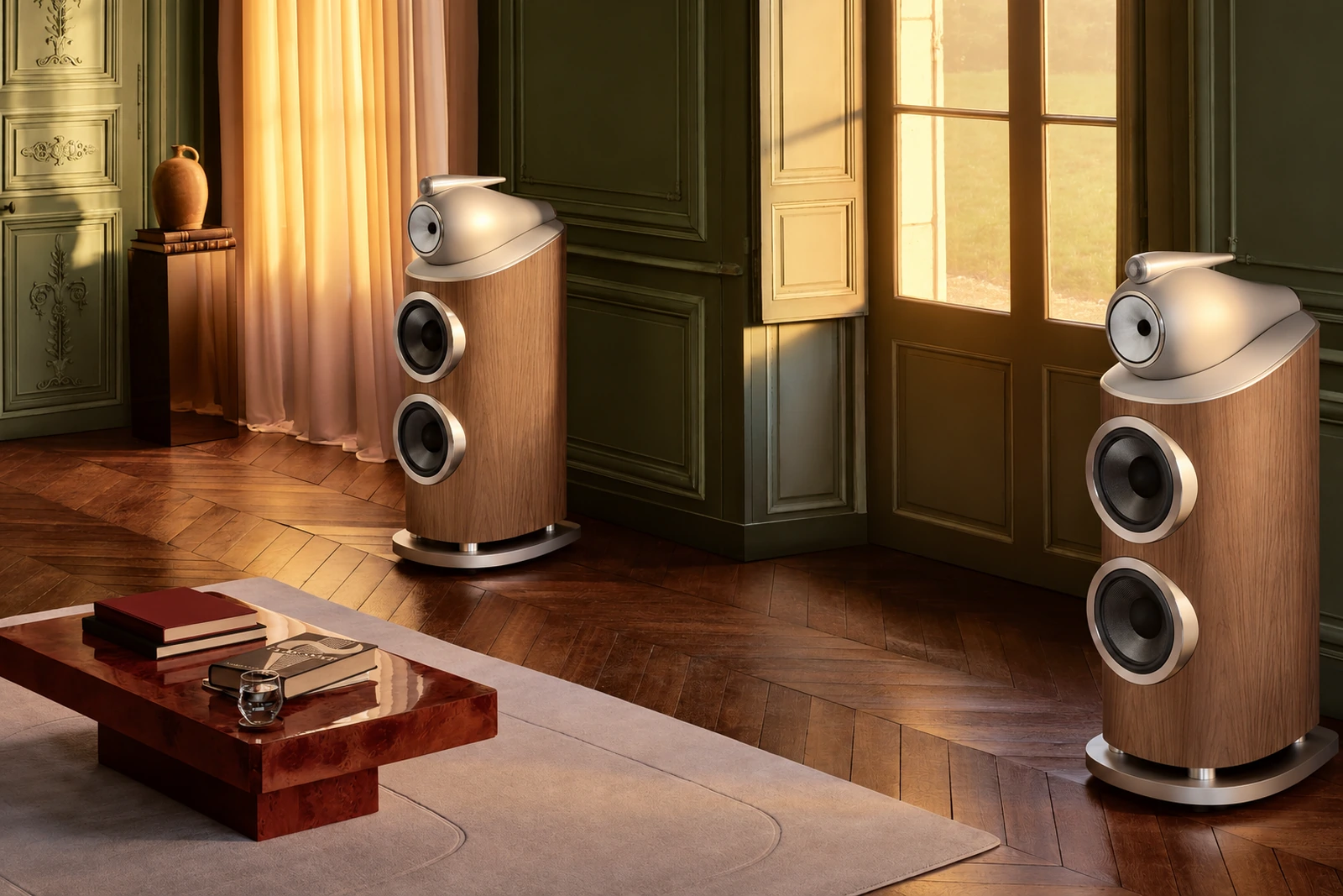 Bowers & Wilkins 801 D5 Floorstanding Speakers in Light Walnut finish, featuring the iconic Turbine Head design and twin 250mm Aerofoil bass drivers in an elegant listening room