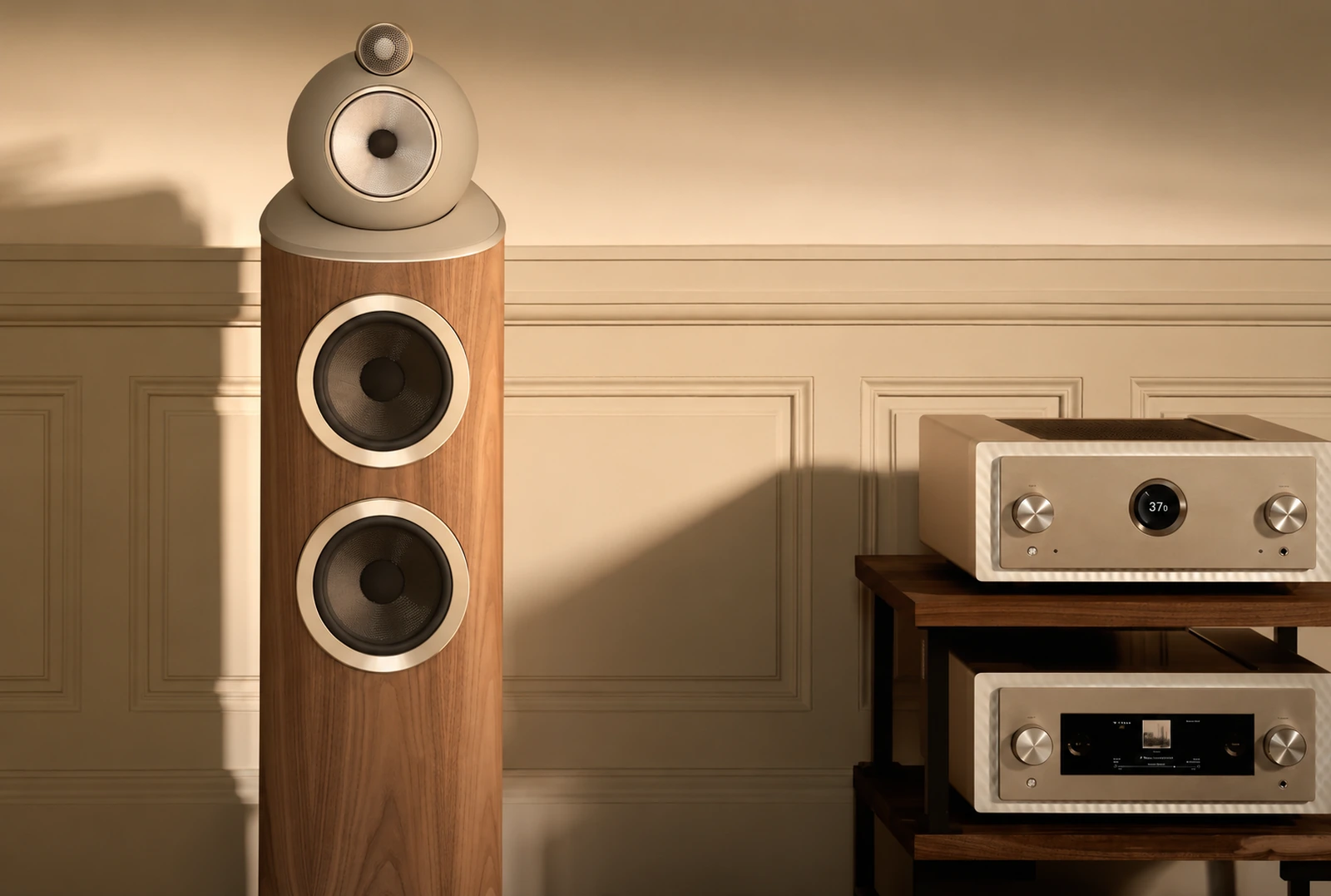 Bowers & Wilkins 803 D5 Floorstanding Speaker in Light Walnut finish, featuring the iconic Turbine Head and twin Aerofoil bass drivers alongside high-end audio electronics
