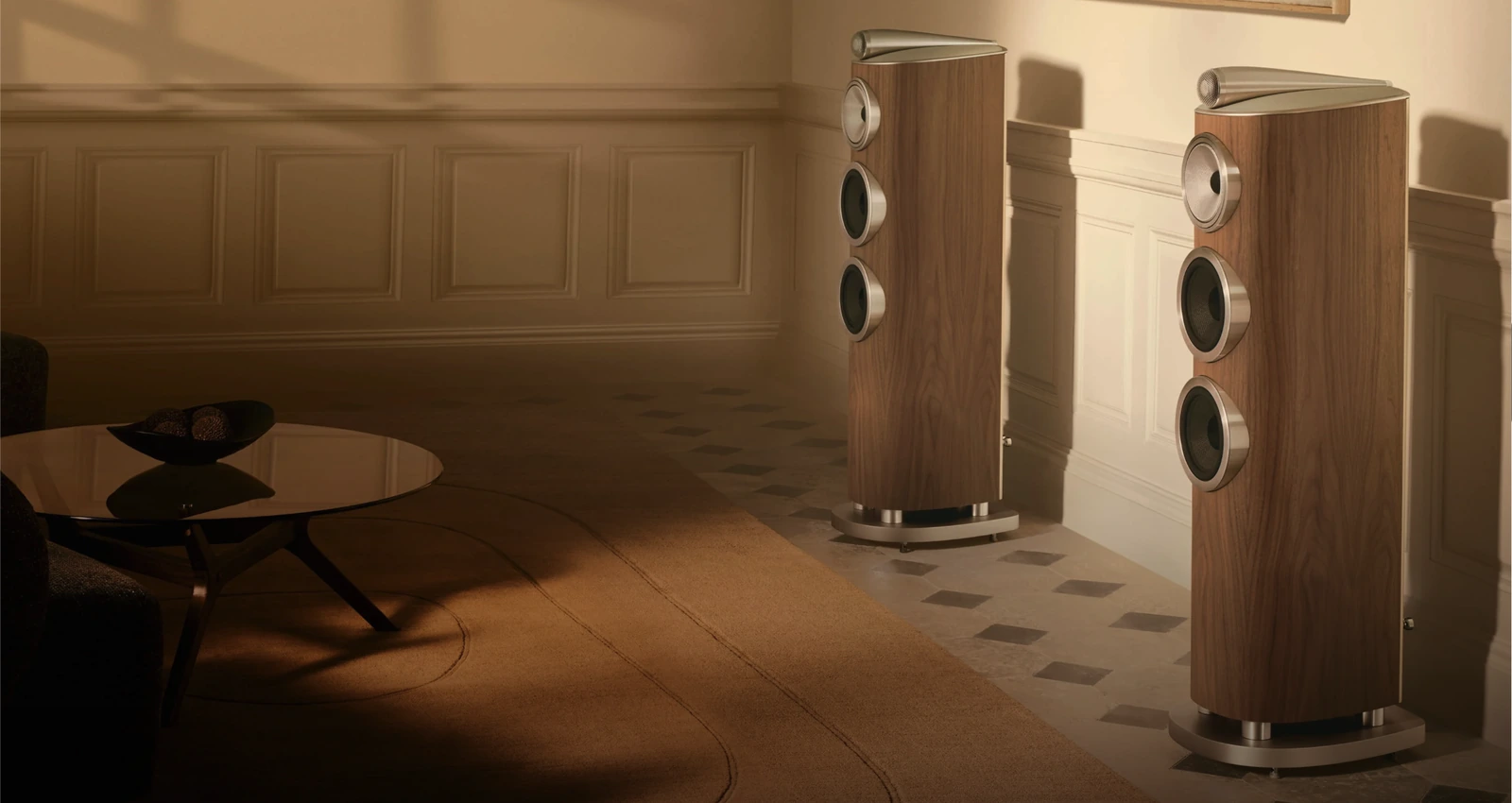 Bowers & Wilkins 804 D5 Floorstanding Speakers in Light Walnut finish, showcasing their elegant curved cabinets and Diamond Dome Tweeter-on-Top design in a luxurious listening room