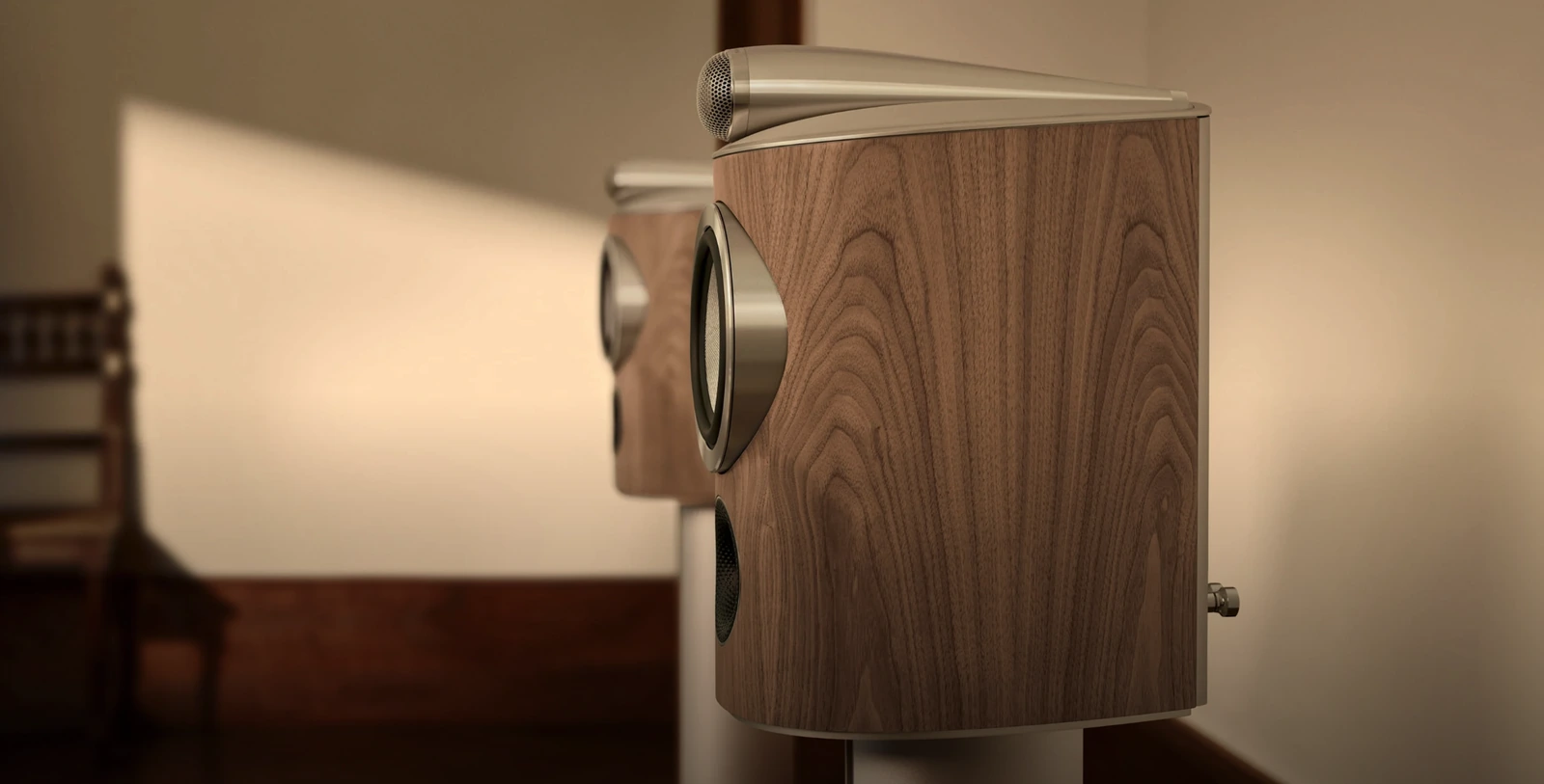 Bowers & Wilkins 805 D5 Bookshelf Speakers in Light Walnut finish, highlighting the elegant curved cabinets, natural wood grain and Solid Body Tweeter-on-Top design