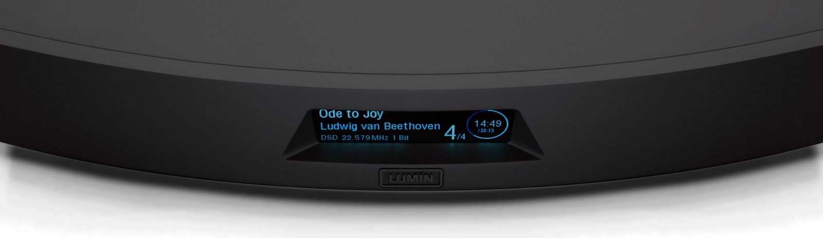 Lumin S2 Network Player in Black finish, close-up of the elegant aluminium front panel with blue OLED display showing high-resolution DSD music playback