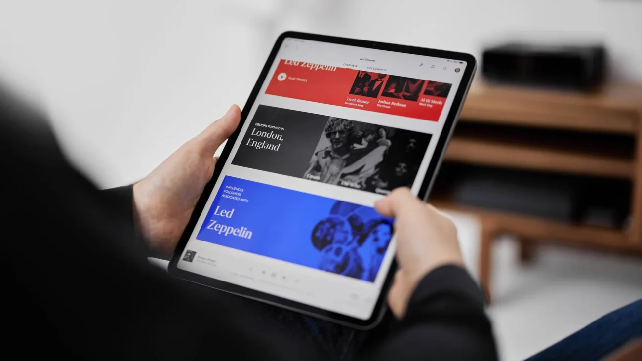 Roon music library interface on an iPad showing Led Zeppelin artist information and music discovery