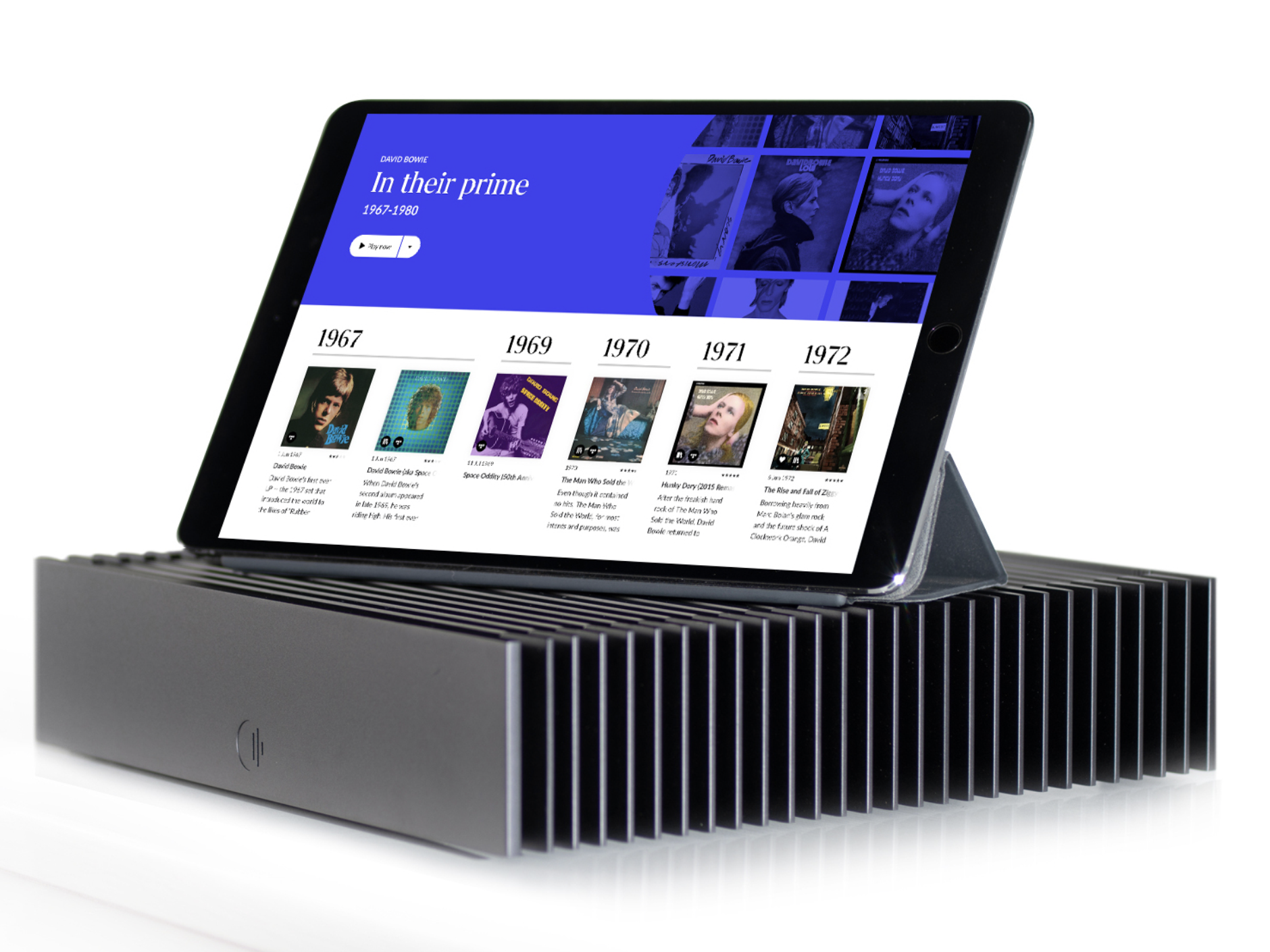 Roon Nucleus Rev B server with an iPad displaying the Roon music library interface