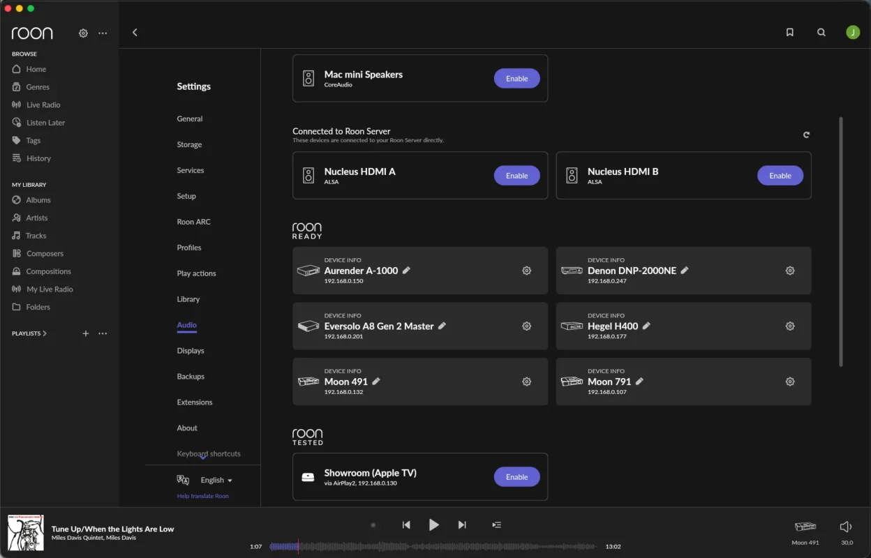 Roon interface on a computer showing connected Roon Ready audio devices available in the hifimarket showroom